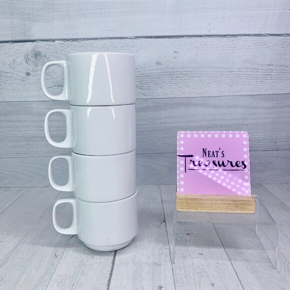 Crate & Barrel LOGAN All White Porcelain Stacking Heavy  Mugs Cups Set of 4 NEW - Picture 1 of 9